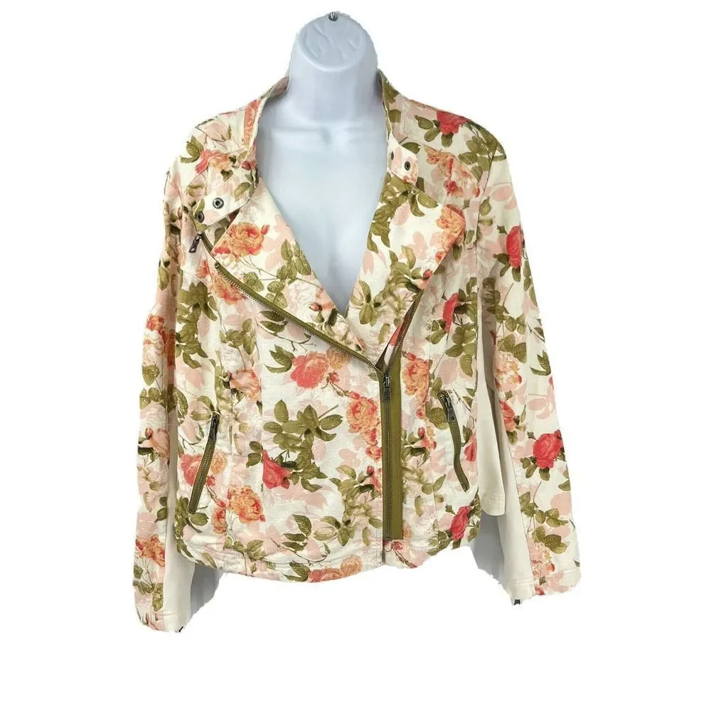 Lane Bryant Plus Size 20 Floral Moto Jacket Full Zip Pockets Ivory‎ Green